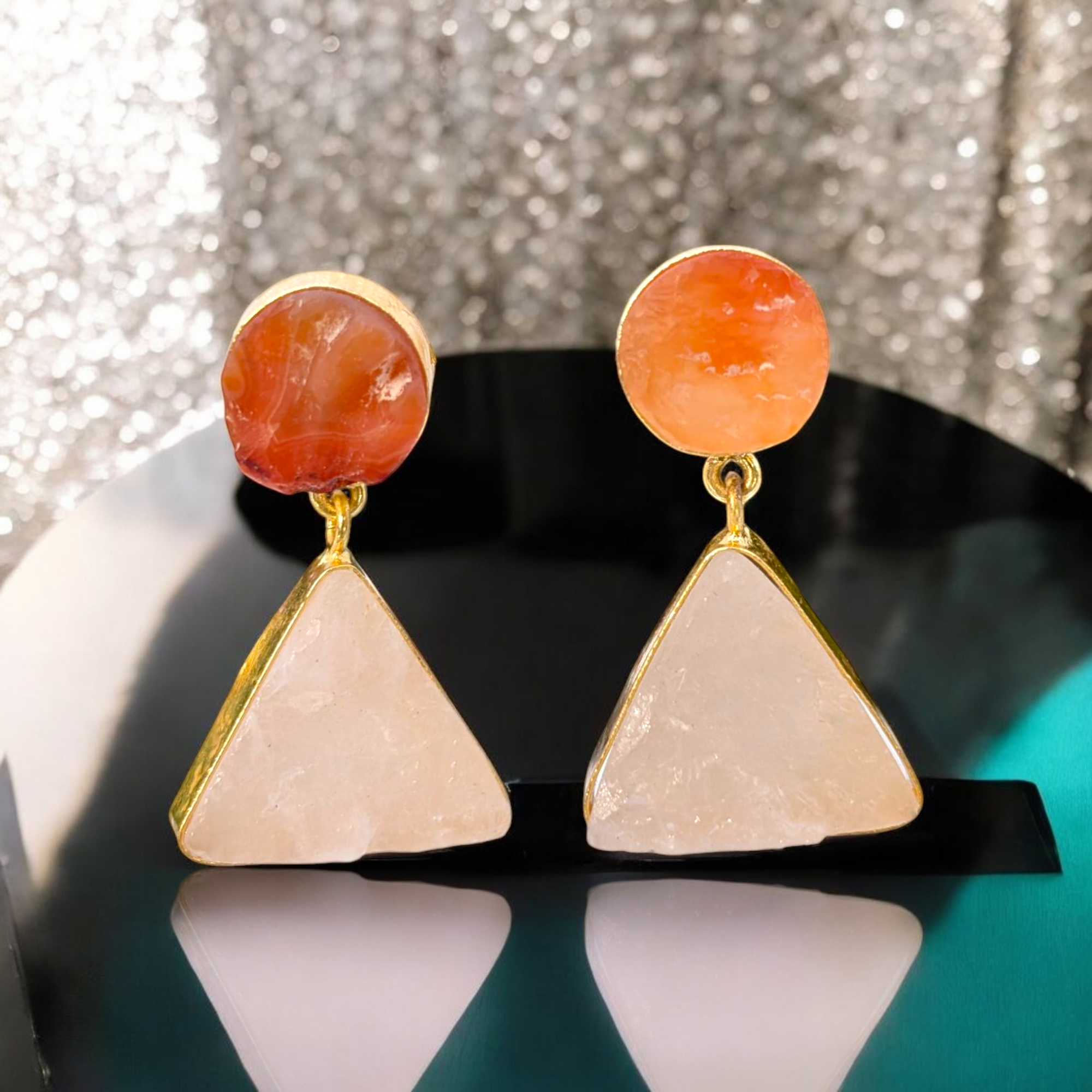 ZEYZEY – Brincos de argola por atacado – Brincos de Ouro com Quartzo Rosa Bruto e Cornalina2