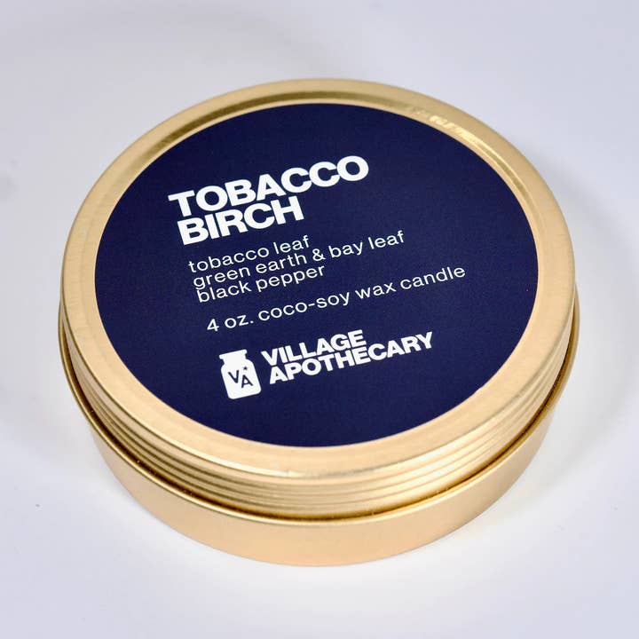 Tobacco Birch Travel Mini | Clean Coco-Soy Candle 4 oz. for wholesale by Village Apothecary Candle Co.