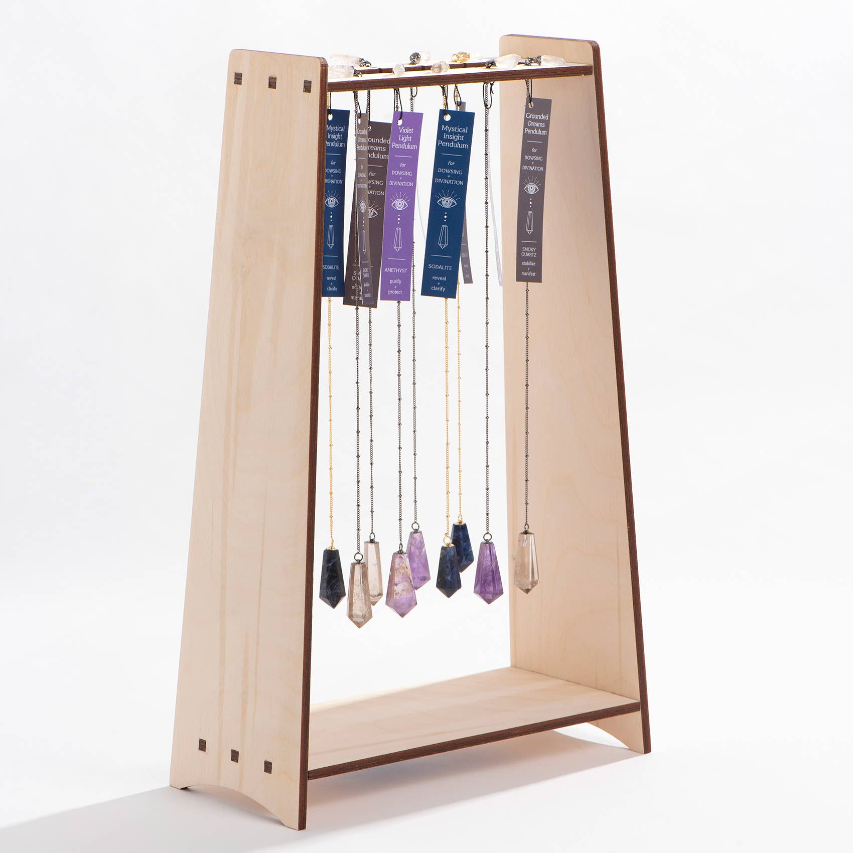 GeoCentral - Wholesale Retailer Display - Jewelry - Crystal Pendulum and Necklace Birch Wood Display1