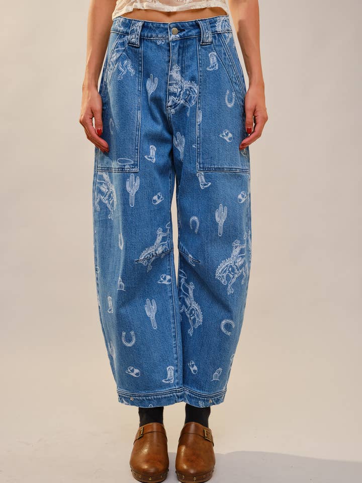 91785P Western Print Barrel Leg Denim Jean for wholesale by Blue B