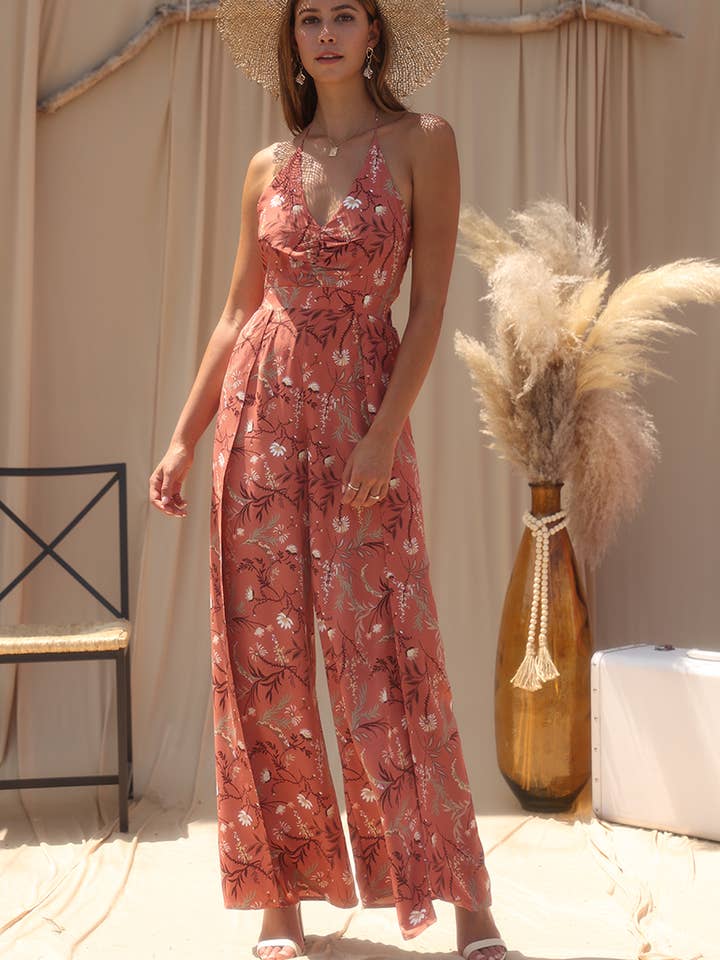 Endless Blu - Wholesale Jumpsuit - Women's - UR0117 FLORAL PRINTED HALTER NECK JUMPSUIT