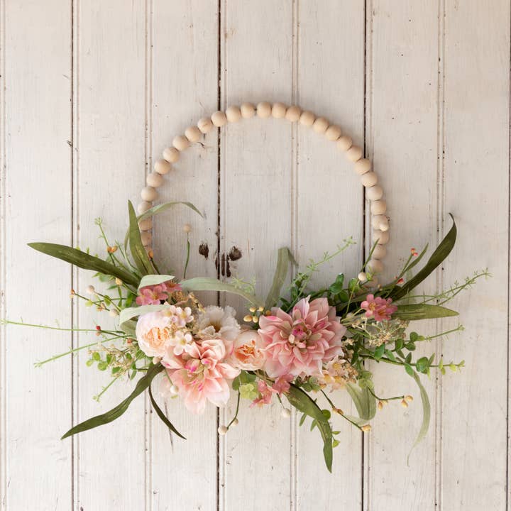 Wreath - Beaded Hoop, Pink Dahlia (PC) for wholesale by Audrey's Home & Gift