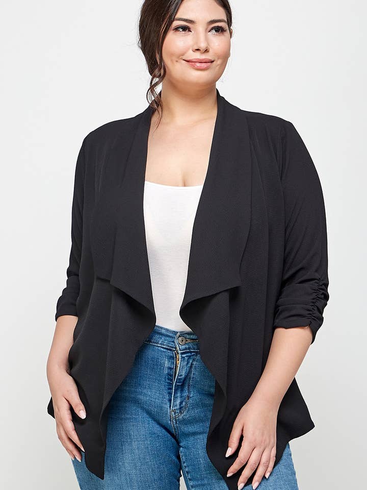 Plus Size Cardigan Jacket with Draped Front KY17882-J for wholesale by Haute Fox Plus Size & Contemporary