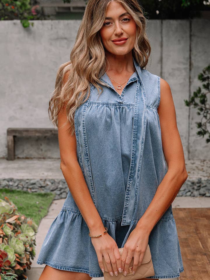 Clare Sleeveless Ruffled Chambray Dress for wholesale by Threaded Pear