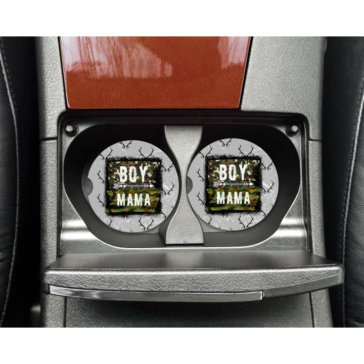 White & Camo Boy Mama Car Coaster Set for wholesale by The Goblin Saloon