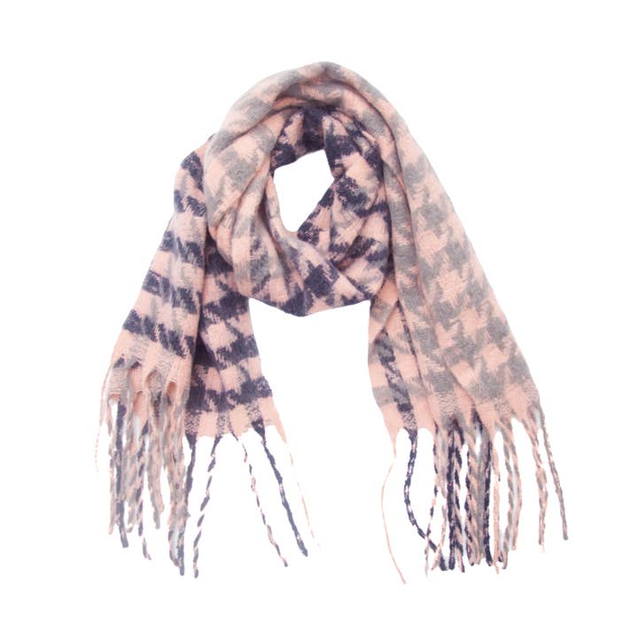 Adorro - Wholesale Scarf - Women's - Soft Two Tone Houndstooth Chunky Fleece Oblong Tassel Scarf4