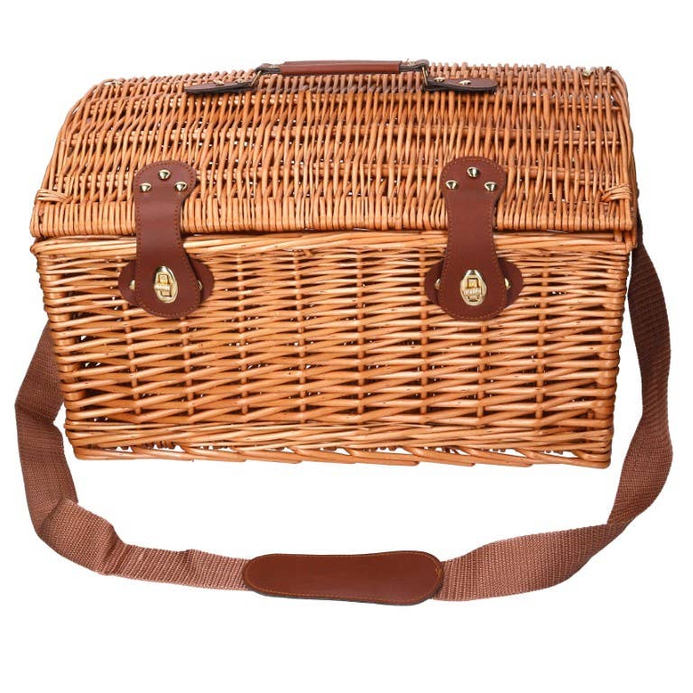 Natural Cesta de picnic bombé rectangular de mimbre con correa para el hombro de venta al por mayor en Faire10