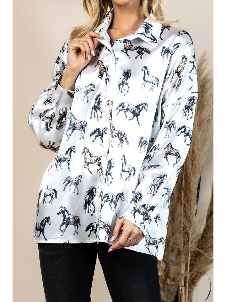T1361S-4931-Western Horse Graphic Print Satin Button Down To for wholesale on Faire