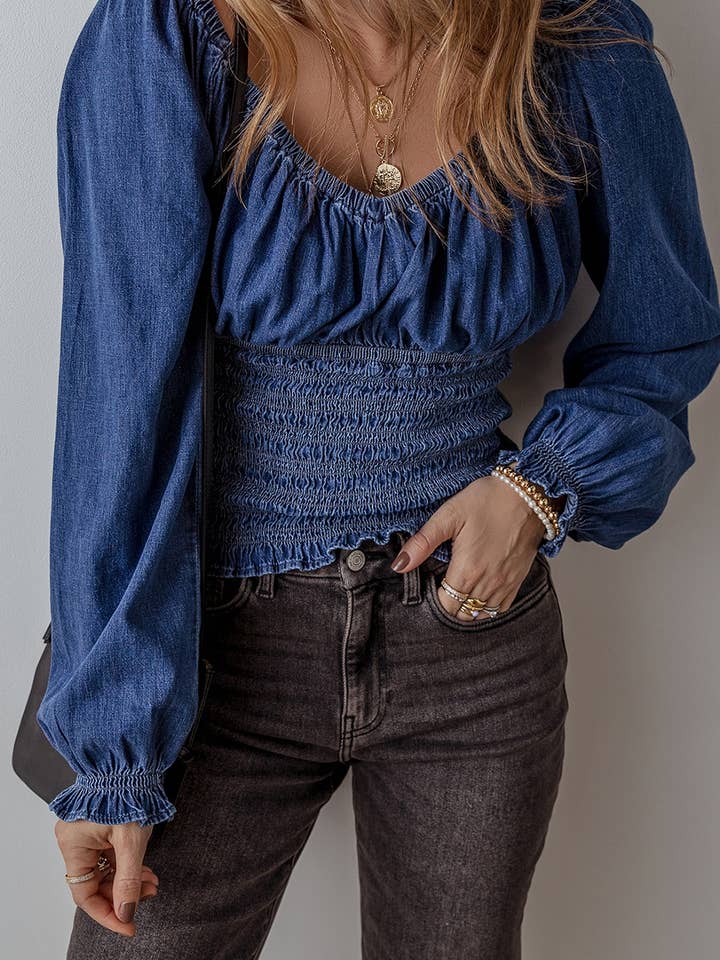 Smocked Ruffled Puff Sleeve V Neck Denim Blouse for wholesale by PartyEight