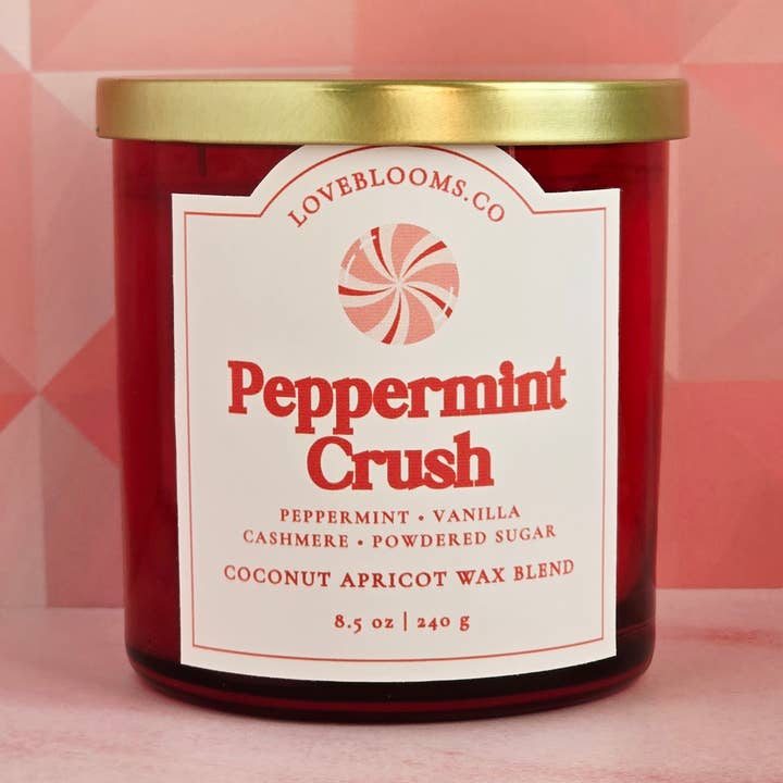 Bougie Écrasement de Menthe Poivrée – Menthe Poivrée, Cachemire dans un Pot Rouge pour la vente par Love Blooms