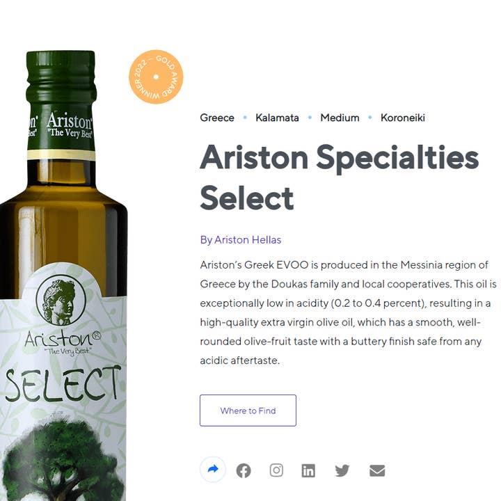 Ariston Specialties - Wholesale Olive Oil - Bulk Ariston Select EVOO for Refill & Save Program (4x5LT)