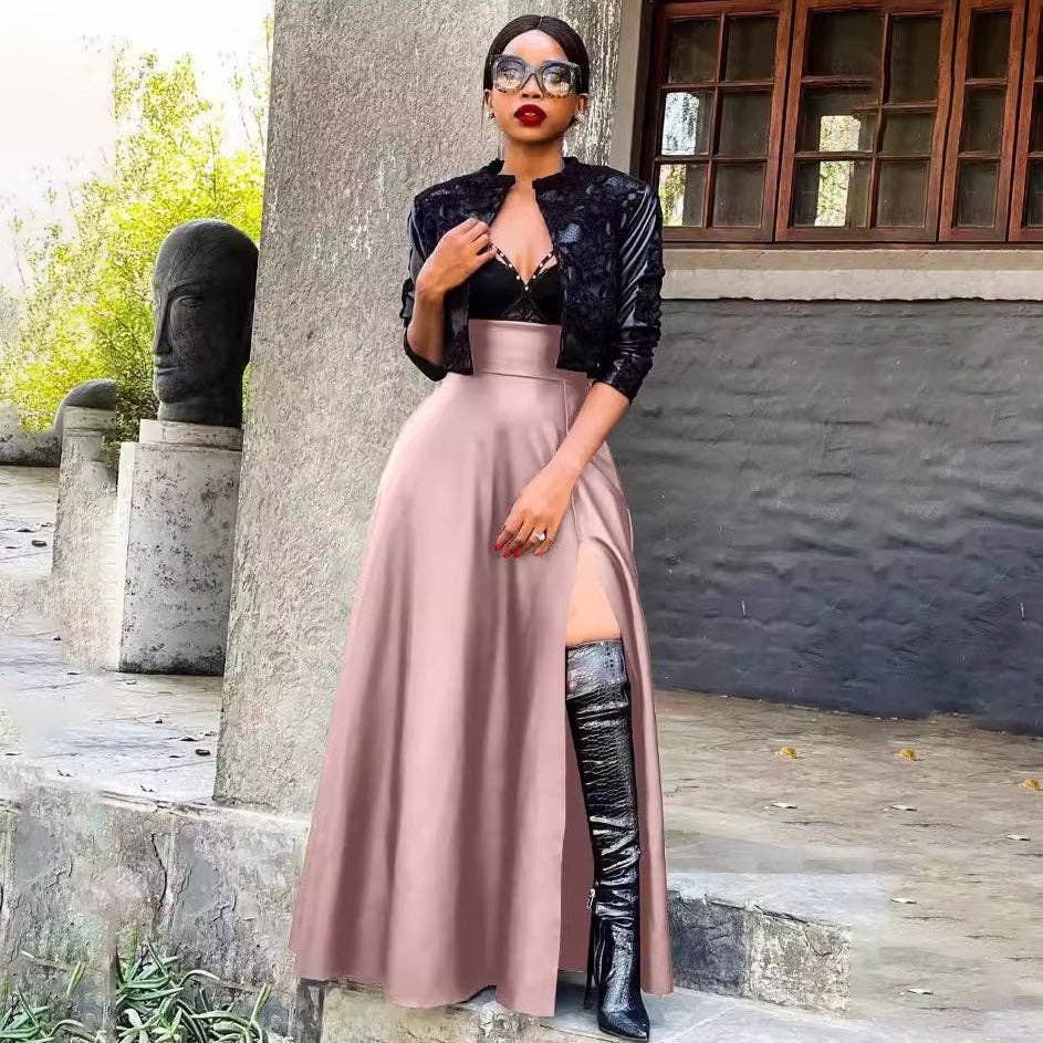 SALINA TRADING INC - Wholesale Skirt - Women's - Women Fashion Sexy Solid Color Leather Long Skirt3