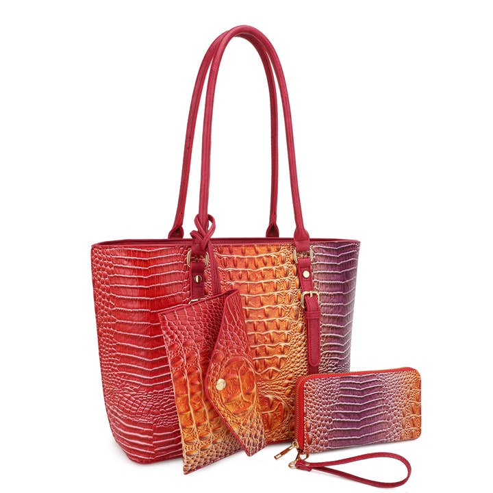 KAYLA+AVA - Wholesale Tote Bag - Women's - CELESTINE CROC EMBOSSED OMBRE 3 IN 1 TOTE SET12