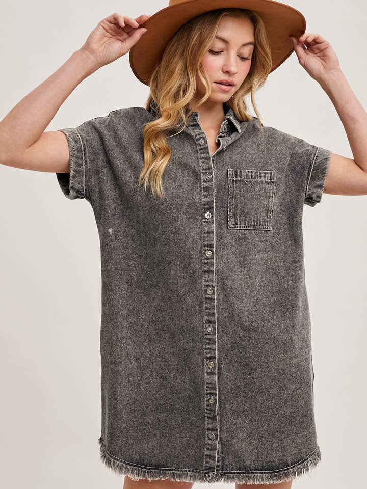 Bluivy - Wholesale Dress - Women's - FRAYED HEM DENIM SHIRT DRESS2