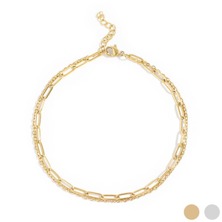 WJW - Wholesale Anklet - 2 Row Stainless Steel Loop and Paperclip Chain Anklet