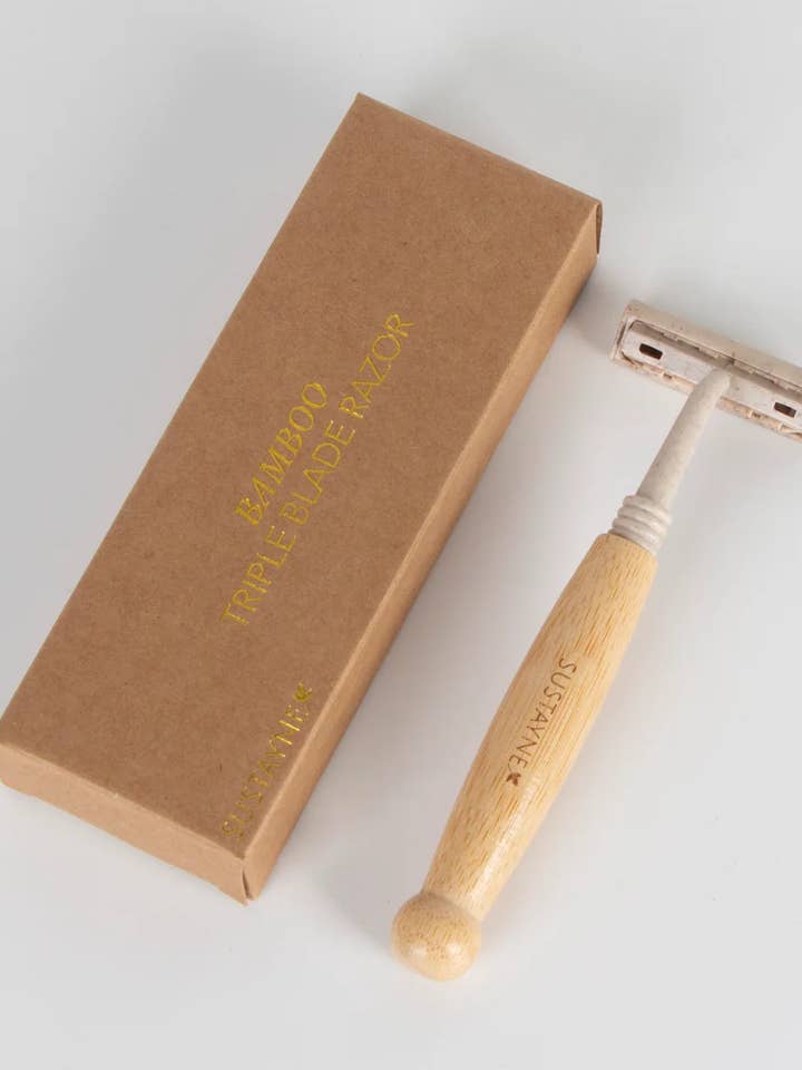Bamboo Triple Blade Razor in Eco-Friendly Kraft Carboard Box for wholesale by Sustayne