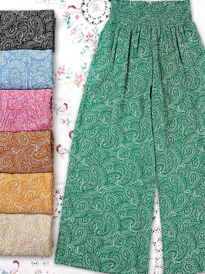 JCP4225-Boho Paisley Print Wide Leg Flowy Pants with Pockets for wholesale by La Miel