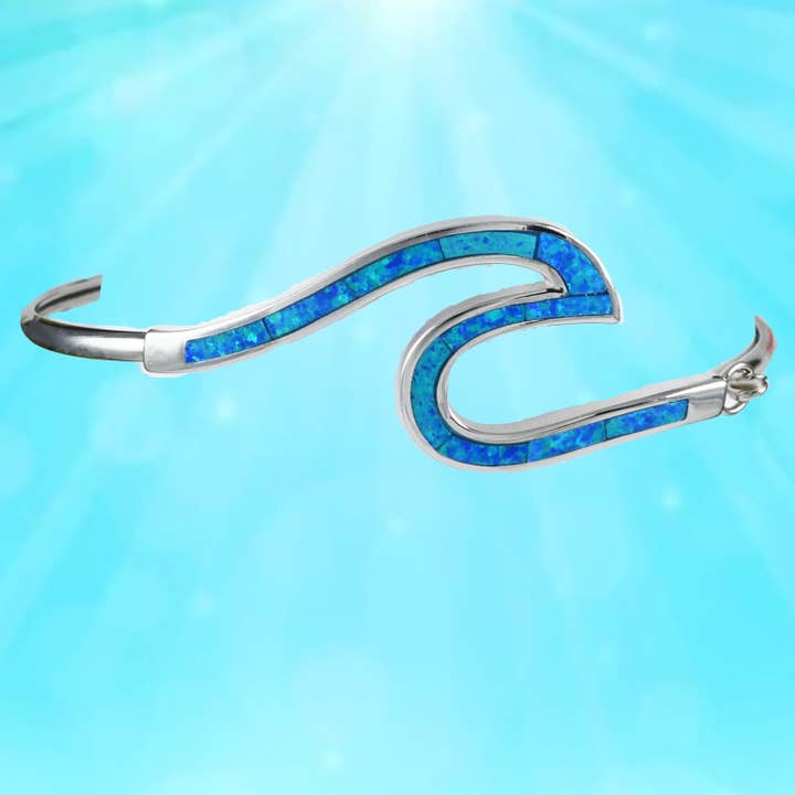 Hawaiian Blue Opal Ocean Wave Bangle Bracelet, Sterling Silver Opal Wave Bracelet, Christmas Anniversary Birthday Mom Gift for wholesale by Paradise Treasures Jewelry