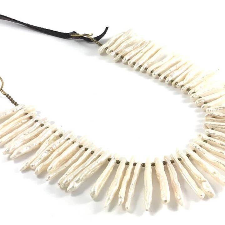 Biwa Pearl Beads on Leather Necklace for wholesale by Crunchy Diva Designs