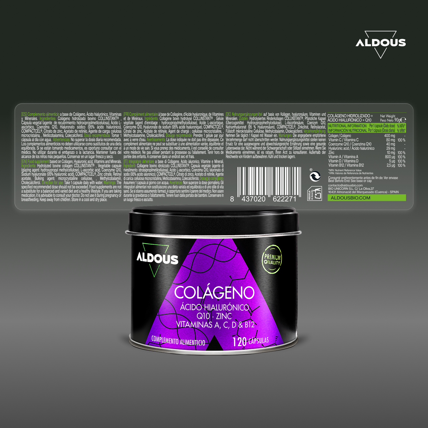 Aldous Bio – Suplemento/vitamina oral por atacado – Aldous Colágeno com Ácido Hialurônico | 120 cápsulas5