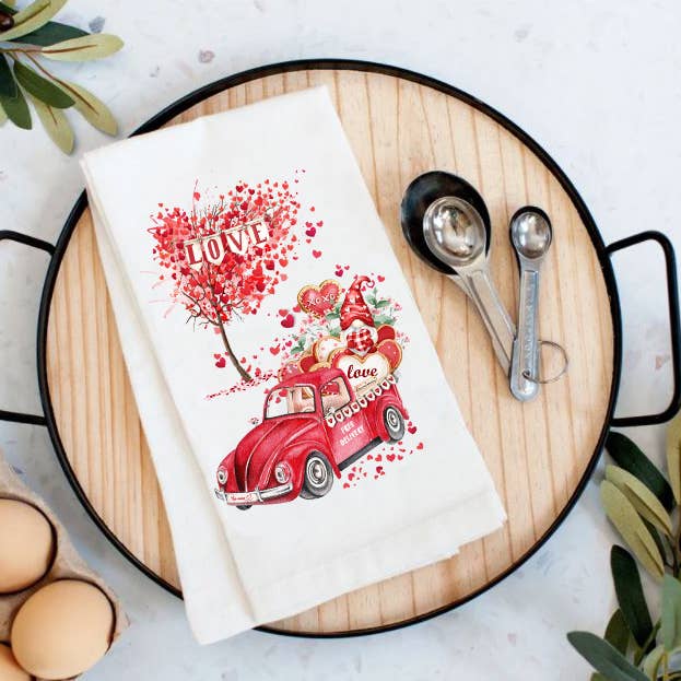 Valentine Gnome Red Truck Hearts Cotton Tea Towels for wholesale by Avery Lane Gifts
