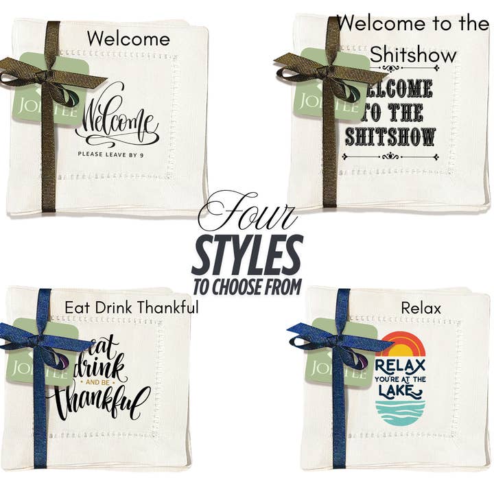 Hemstitch Napkins - Welcome, Four Styles to Choose From for wholesale by Jolitee