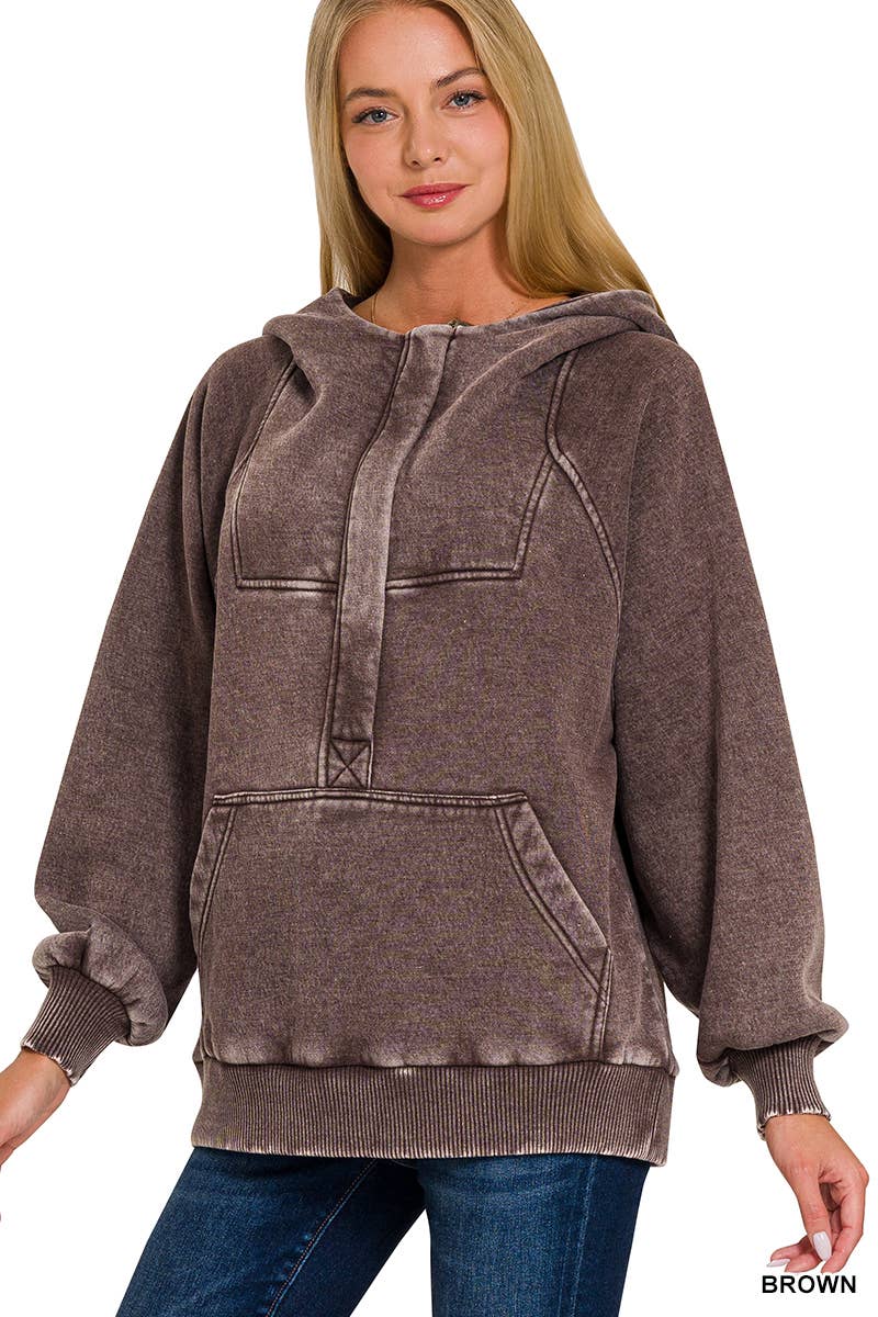 Vanilla Monkey - Vendita all'ingrosso Felpa con cappuccio - Donna - Felpa a marsupio oversize in pile Acid Wash con zip a 1/44