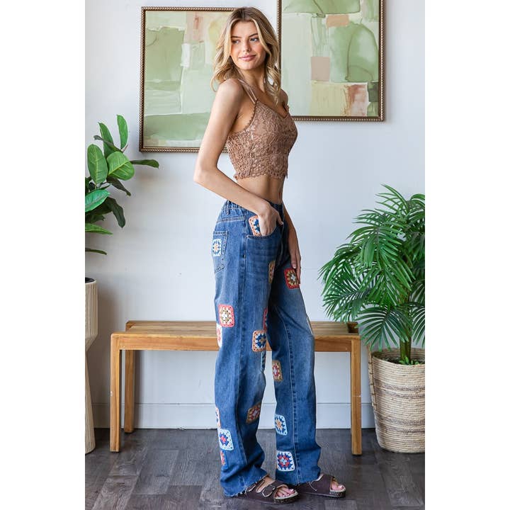 WASHED SQUARE CROCHET PATCHWORK DENIM JEANS for wholesale on Faire