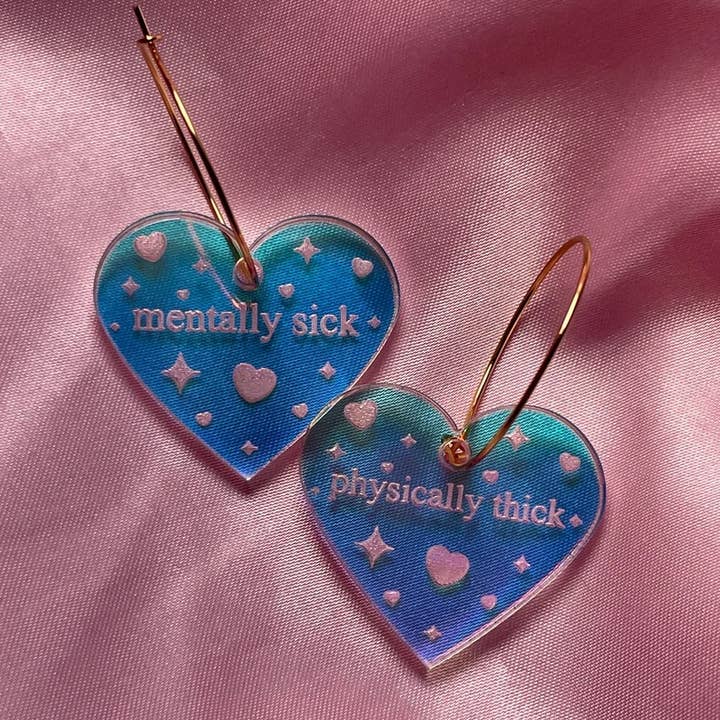 ShlemonArt - Wholesale Hoop Earrings - Mentally Sick, Physically Thick Heart Hoop Earrings