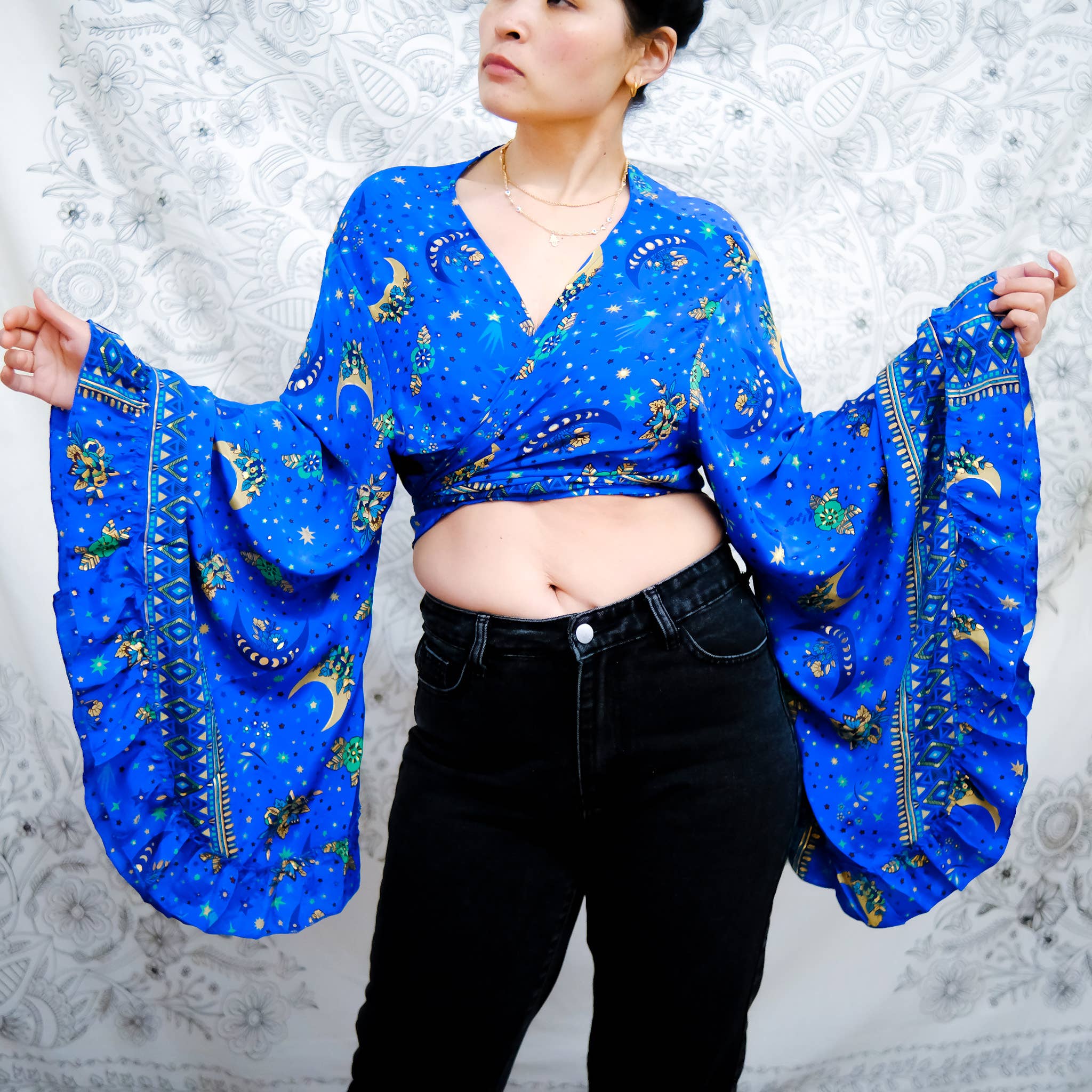 Karma Nepal Crafts - Wholesale Blouse - Women's - Bohemian Celestial Style Bell Sleeve Wrap Top with Ruffle4