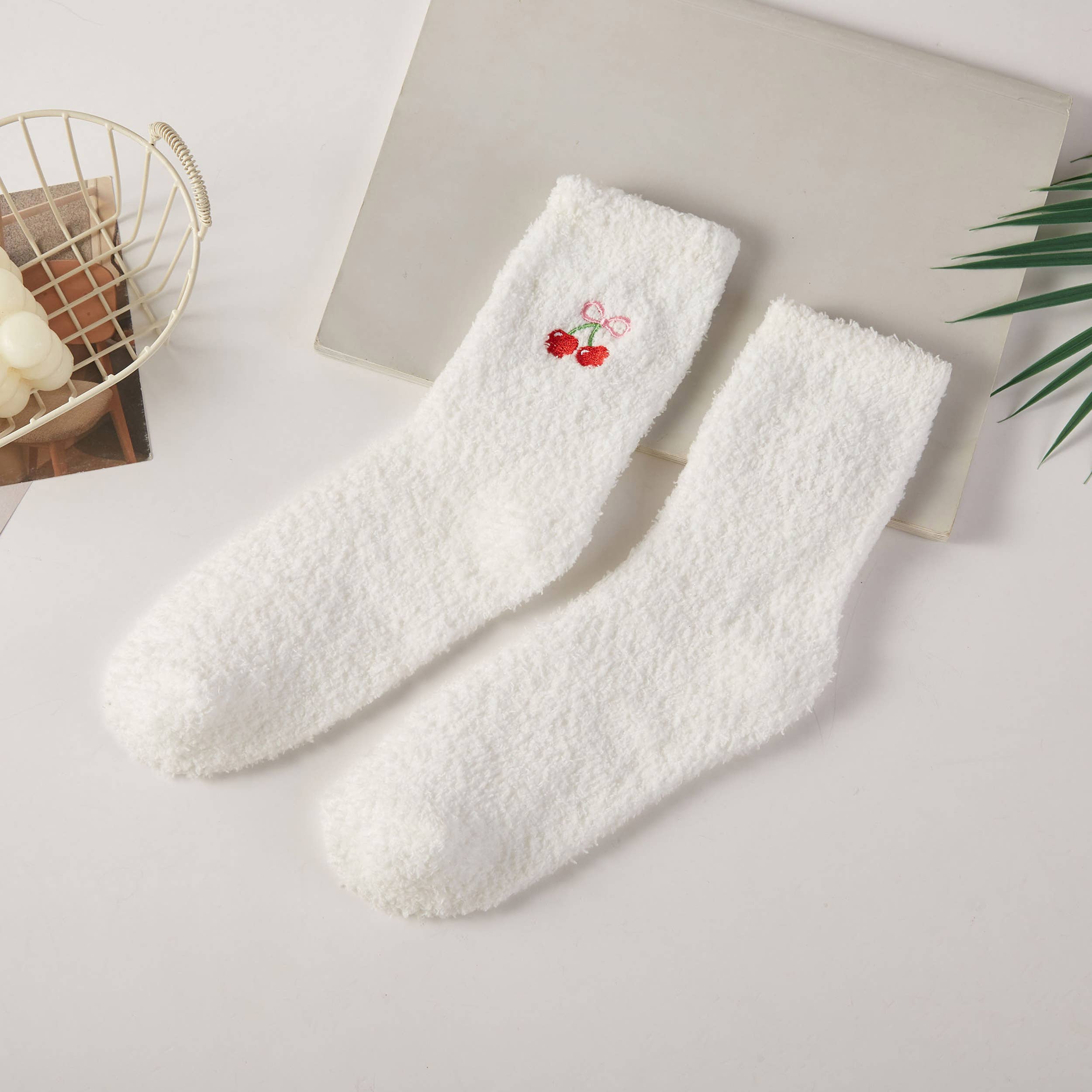 Hana – wholesale Socks – Women's – Fruit Point Embroidery Solid Fuzzy Sleep Socks1