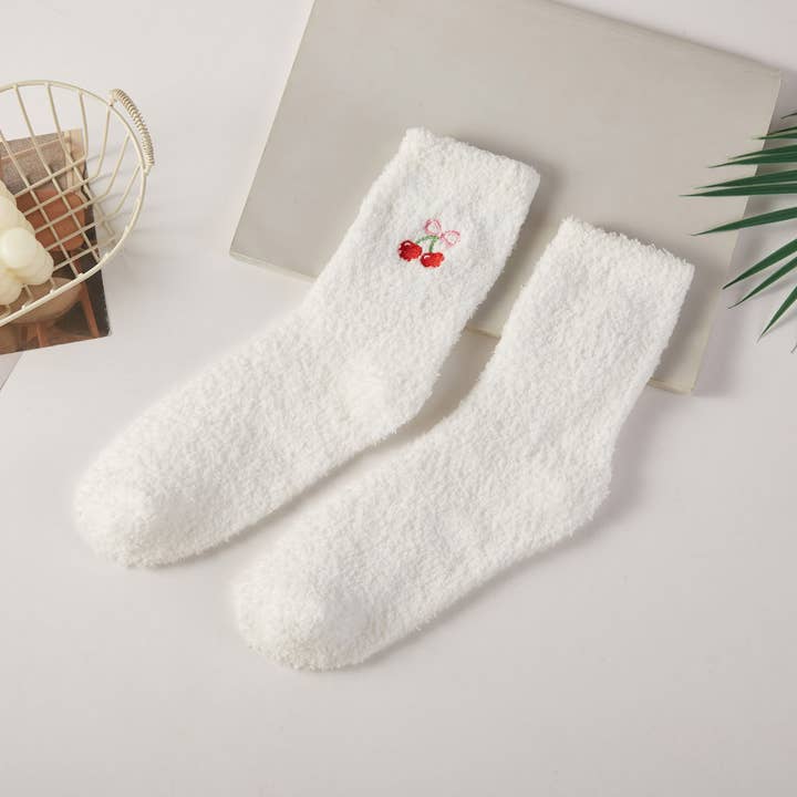 Hana – wholesale Socks – Women's – Fruit Point Embroidery Solid Fuzzy Sleep Socks1