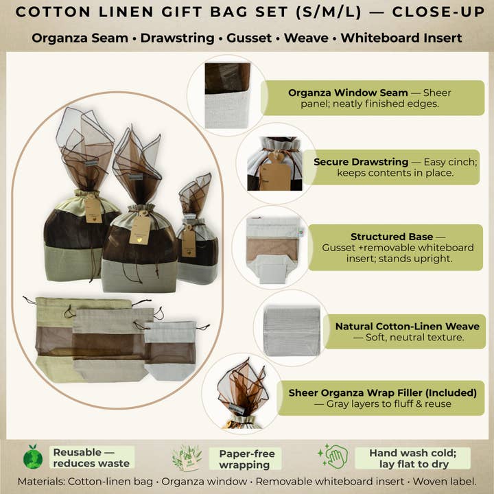 Beauty Blisss - Wholesale Gift Bag Set/Pack - Cotton Linen Gift Bags – Singles & 3-Pc Set (S/M/L)1