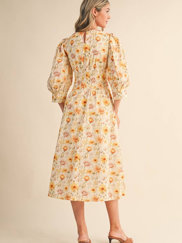 &MERCI - Wholesale Dress - Women's - FLORAL PRINT PLEATED WAIST MIDI DRESS MDR44777