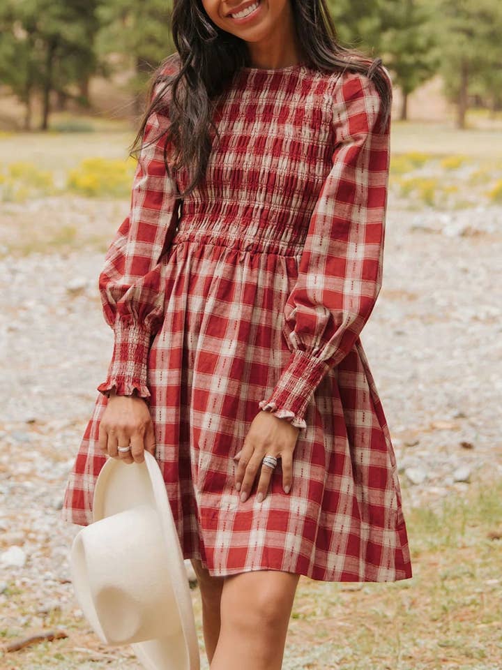 Red Plaid Print Smocked Puff Sleeve Mini Dress for wholesale by Lovesoft
