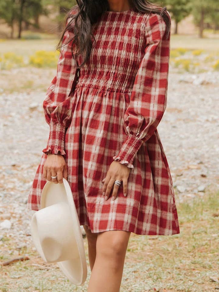 Red Plaid Print Smocked Puff Sleeve Mini Dress for wholesale by Shoppe247