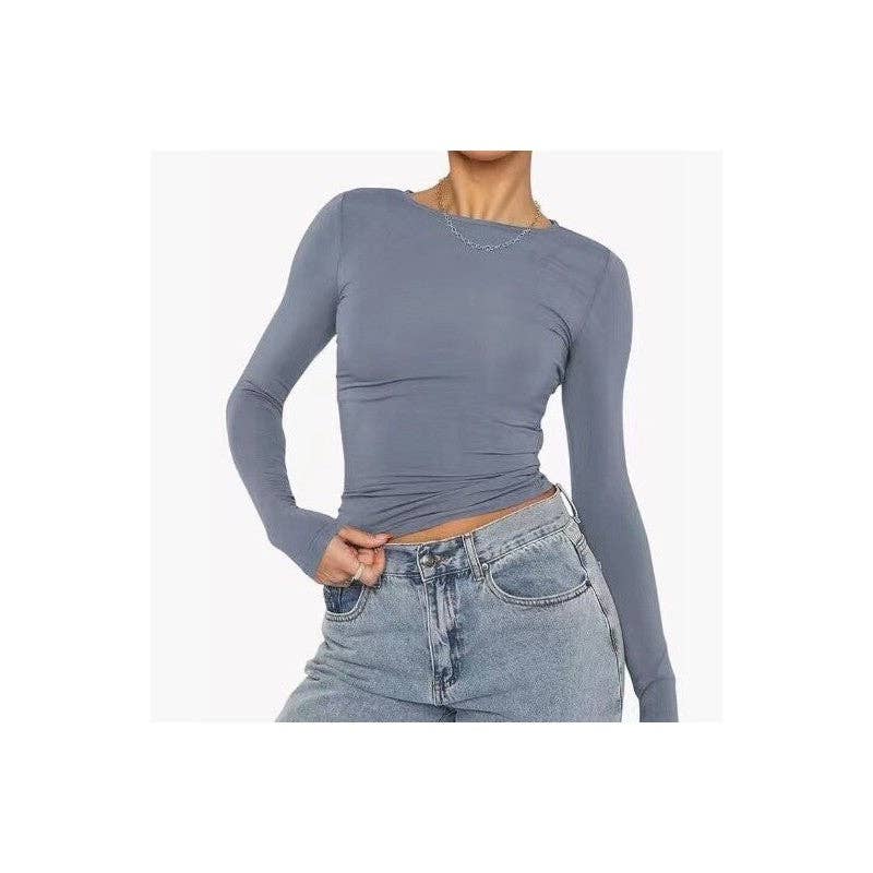 Sheer Trend - Wholesale T-Shirt - Women's - Solid Color Casual Long Sleeved Slim Fit T-Shirt2