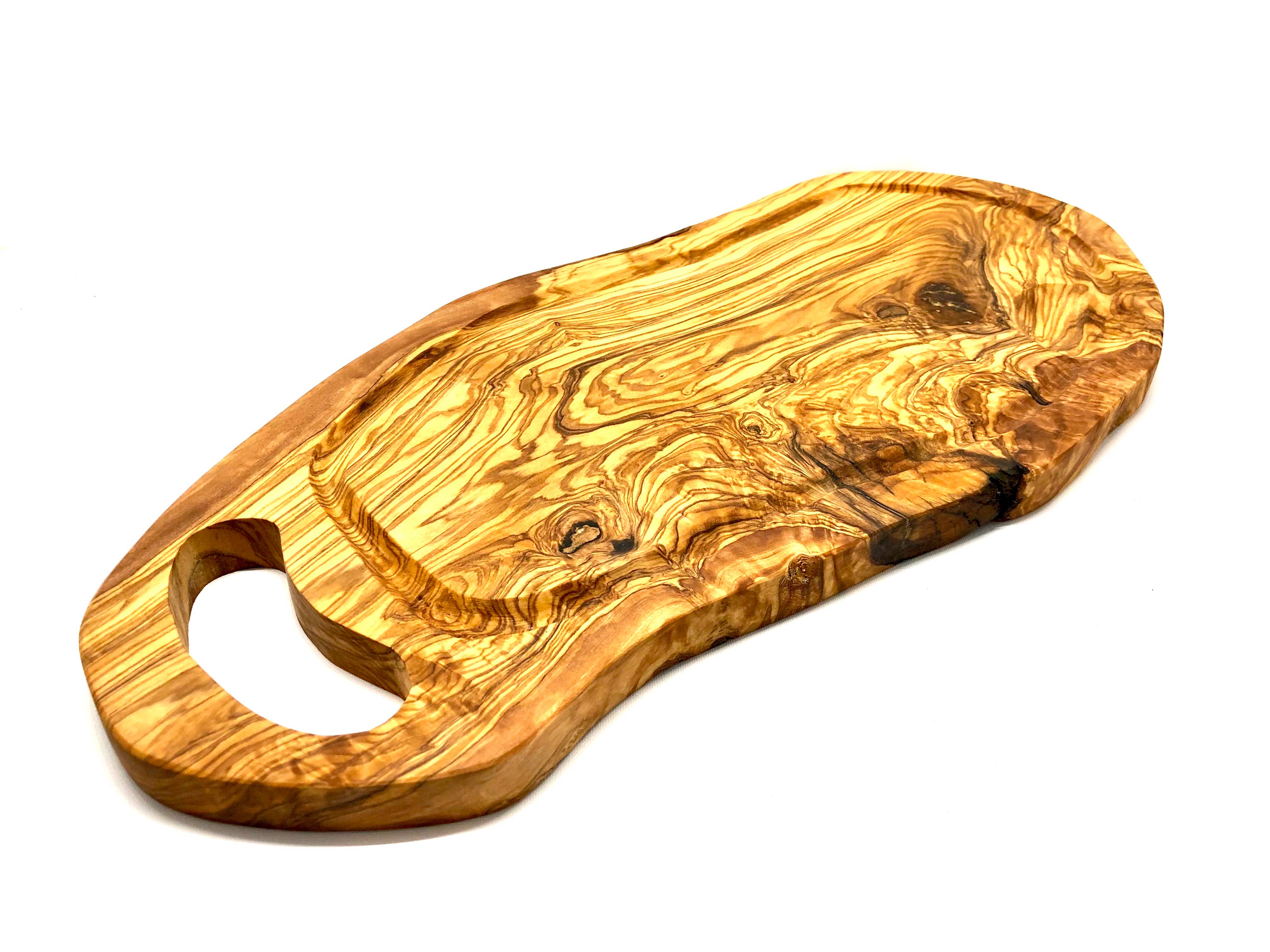 olivenholz-erleben - Vendita all'ingrosso Taglieri - Tagliere per bistecca in legno d'olivo 40–44 cm con scanalatura per succhi e manico3