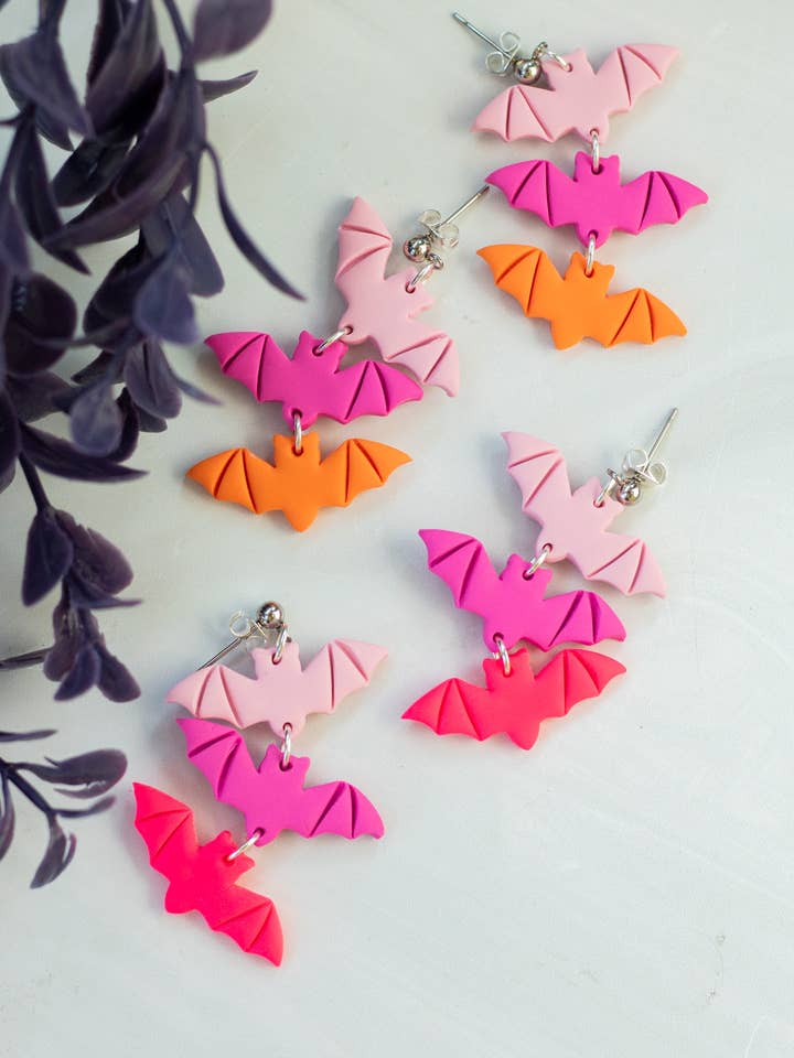 Bright Bat Dangles - Halloween Earrings - Fall Earrings for wholesale by EJ Clay Co