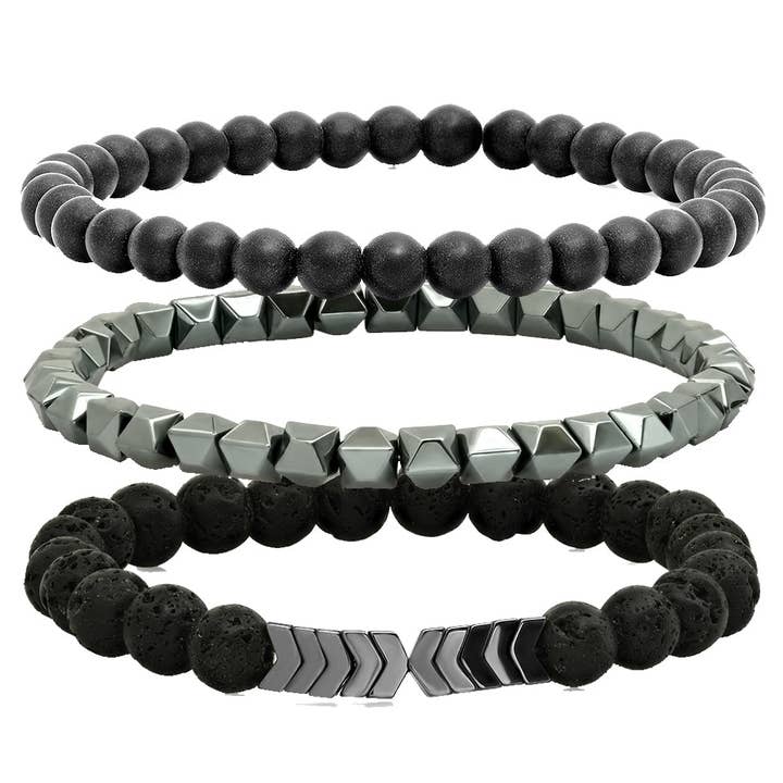 Steeltime Hematiet+Black Lava Deluxe Trio Armband Stapel voor wholesale door Steeltime NYC
