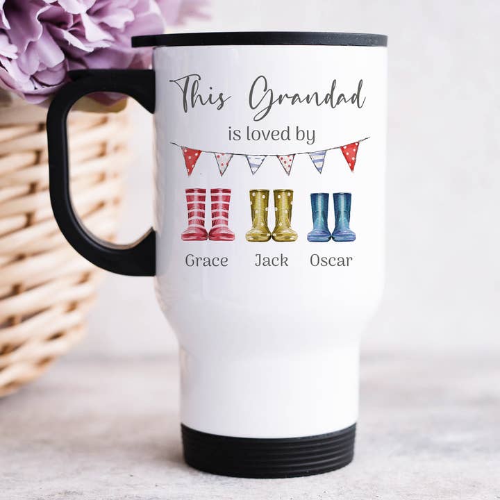 Wellington 'Grandad is loved by' Travel Mug for wholesale by DoodlecardsBoutique