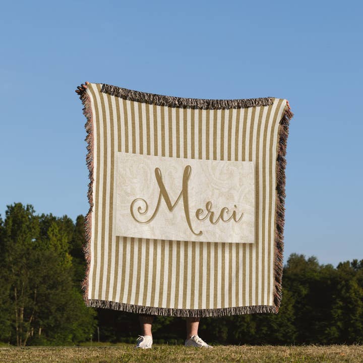 3dRose - Wholesale Throw Blanket - 3dRose, French Language Merci Thank You with Bold Golden Stripes, Blanket1