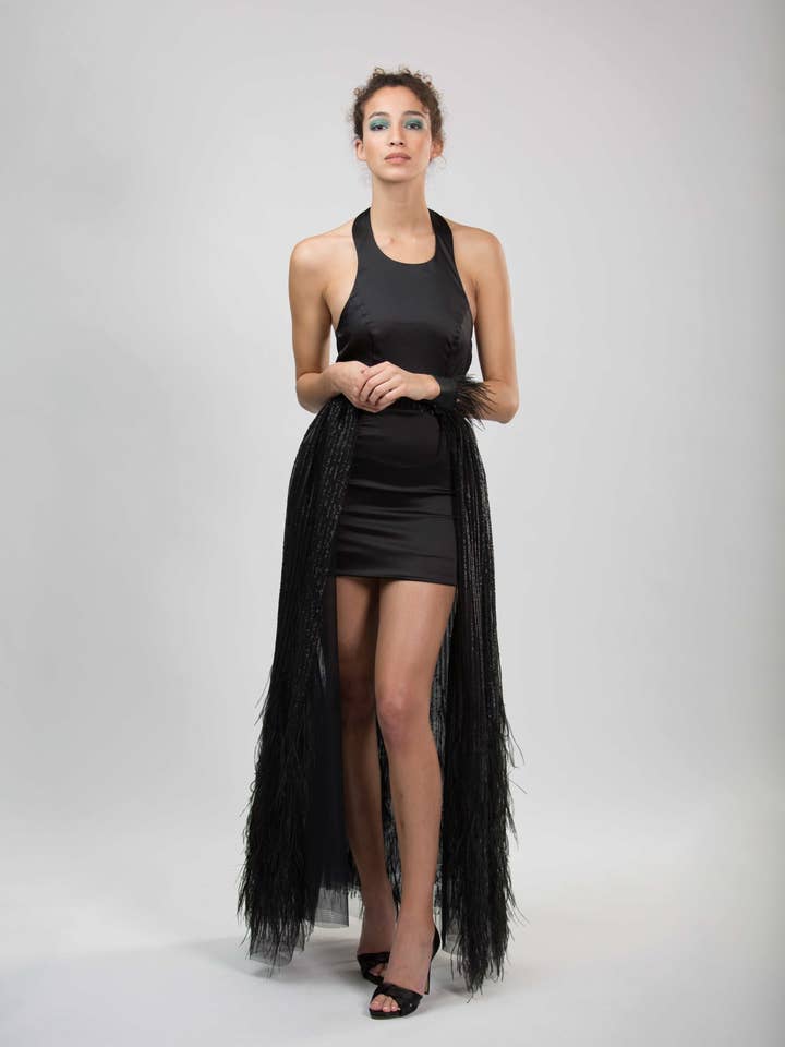 BLACK SATIN FEATHER DRESS for wholesale by Gela Wesh