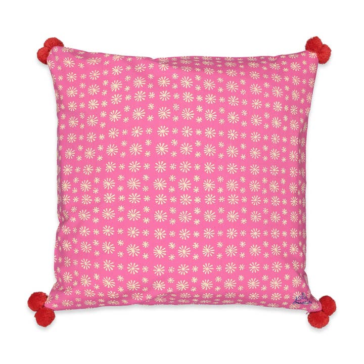 Cushion Cover with Pompom Detail in Pink Snowflake for wholesale by kate austin designs