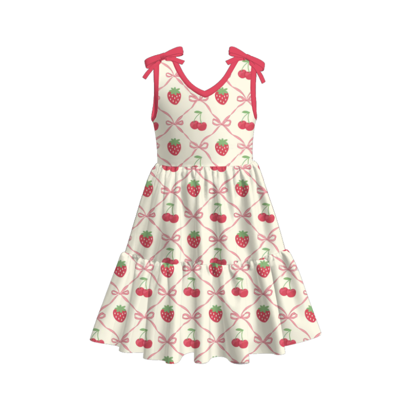 Auraquise - Vente Ensemble haut et short – enfant - Ensemble robe douce et short imprimé cerises et fraises rouges d'été pour filles0