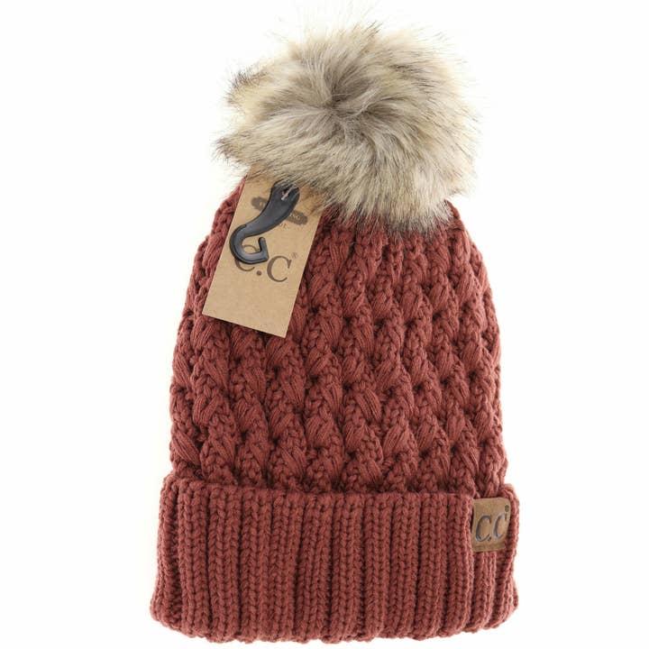C.C Beanie - Wholesale Beanie - Women's - Solid Lattice Stitch Fur Pom CC Beanie YJ826