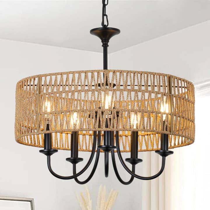 Modern Farmhouse Chandelier Light Fixtures, 5-Lights Large Rattan Pendant Lighting with Hand Woven Wicker Shade, Boho Black Chandeliers for Dining Room Living Room Kitchen Island Bedroom for wholesale on Faire