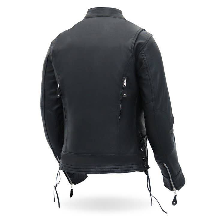 BLACK Hot Leathers JKL1025 Ladies Motorcycle style Lace Up Sleeves Leather Biker Jacket for wholesale on Faire