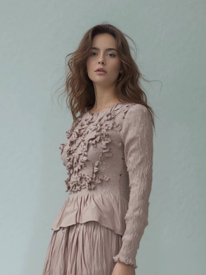 Pleated 3D flower L/S blouse ( Pink ) for wholesale by Ellyndale