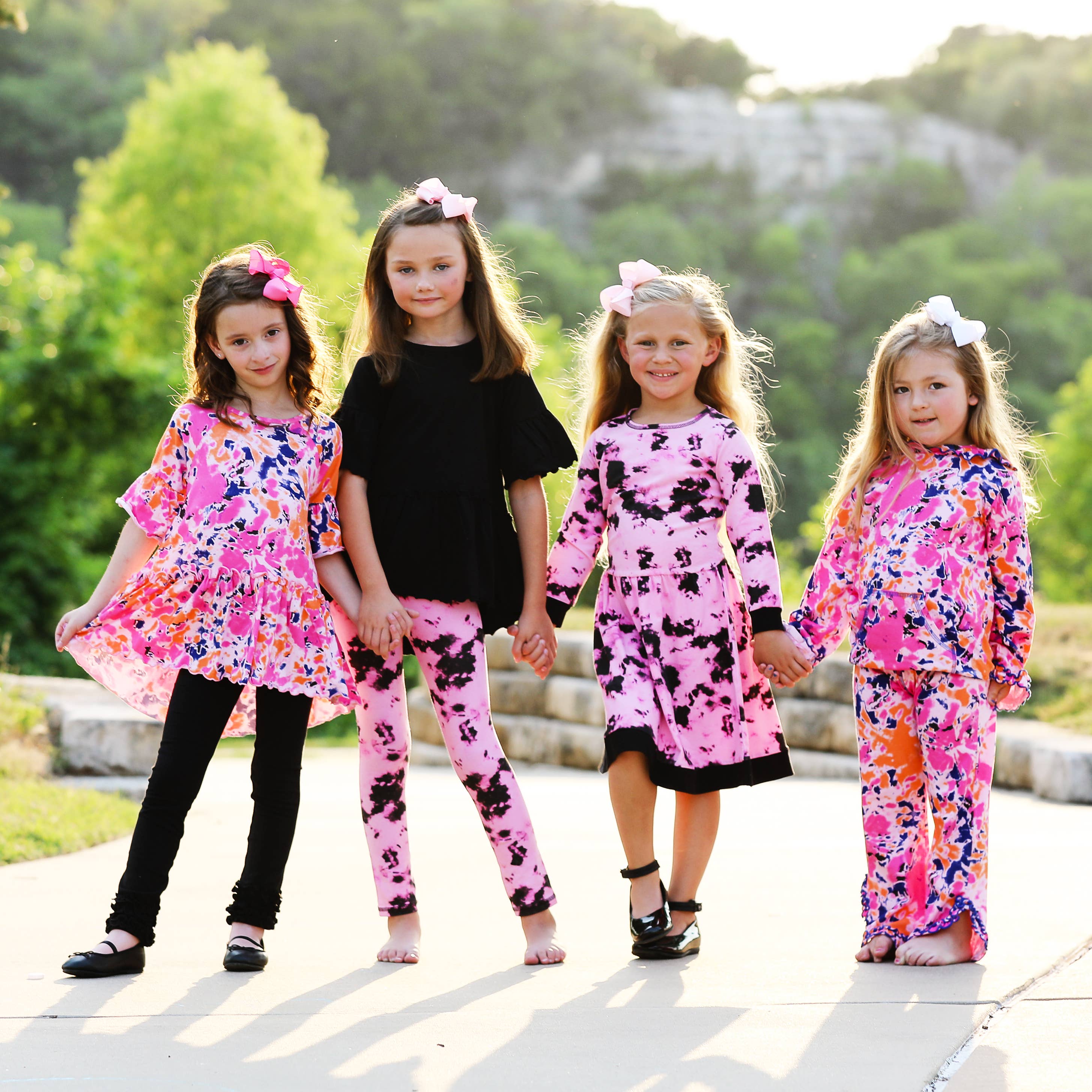AnnLoren - Wholesale Dress - Kids - Pink & Black Groovy Girls Tie Dye Dress Cotton Kids Clothing5